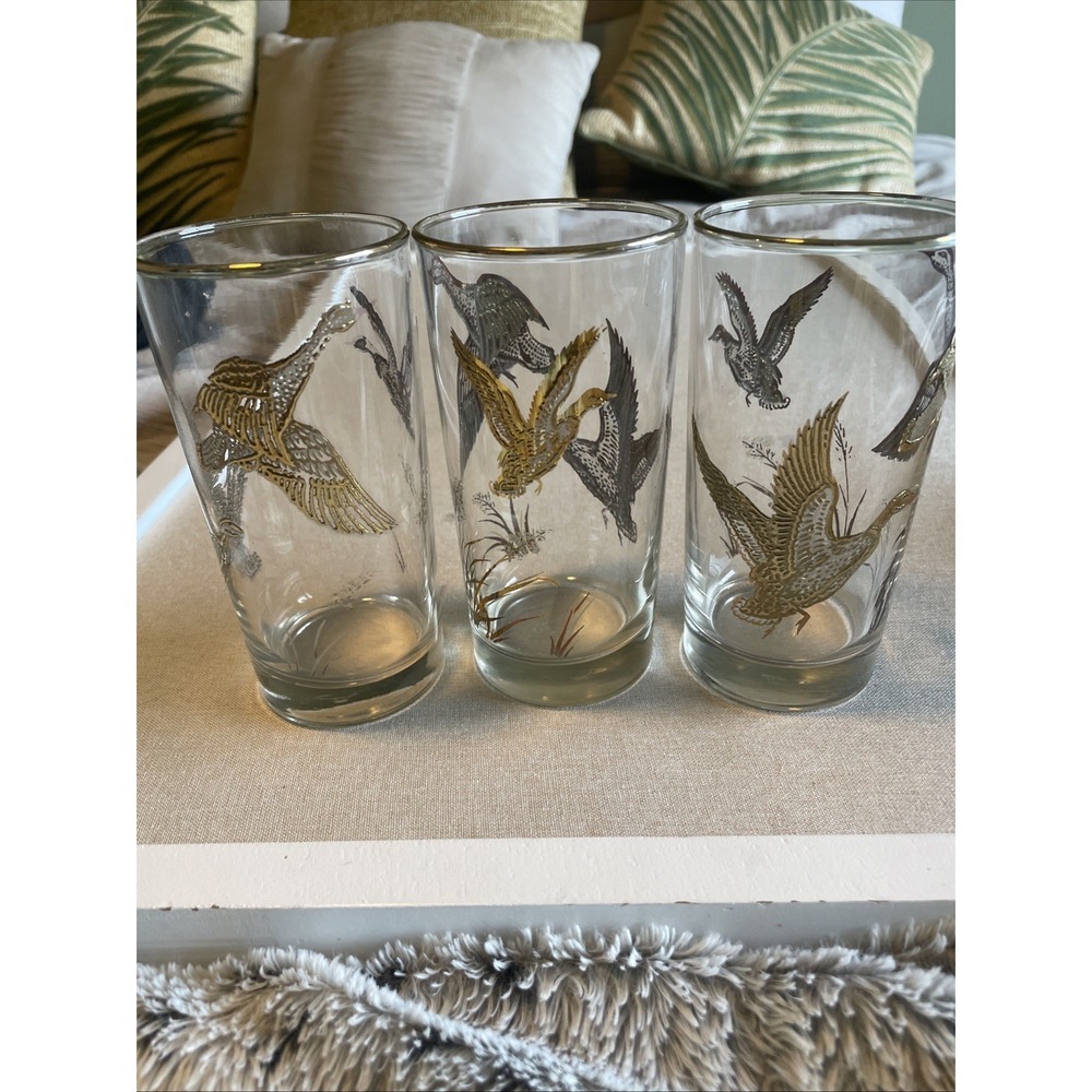 3 Libbey GOLDEN GILT MALLARD DUCK Highball  Glasses Cabin Lodge Sportsman MCM